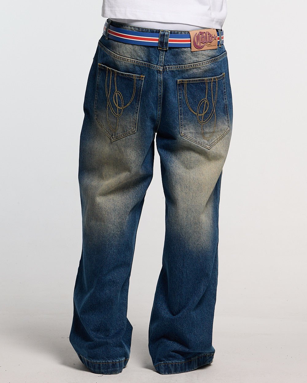 WIBBLE SCRIPT V3 PANTS BLUE - washed blue denim pants, back view on male model - Cold Culture