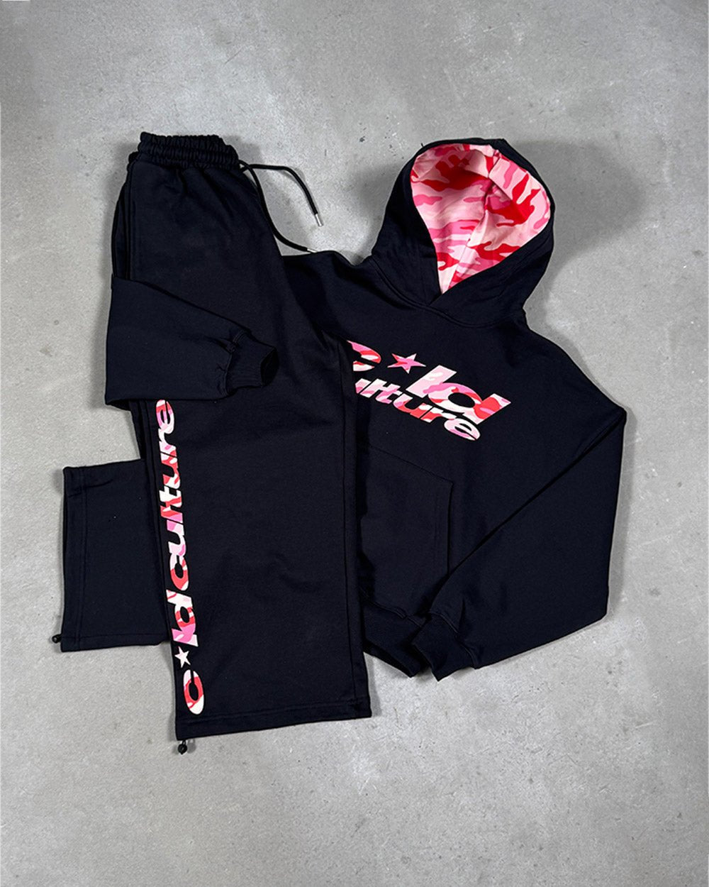 WILD CAMO HOODIE BLACK - black graphic print hoodie, flat lay with matching pieces - Cold Culture
