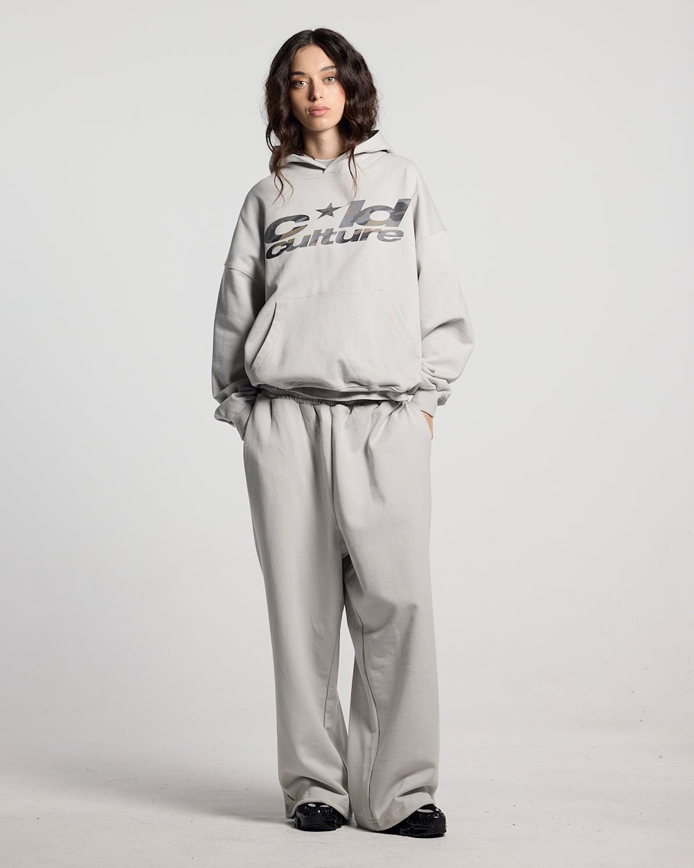WILD CAMO HOODIE LIGHT GREY - light grey graphic print hoodie, front view on female model - Cold Culture #woman