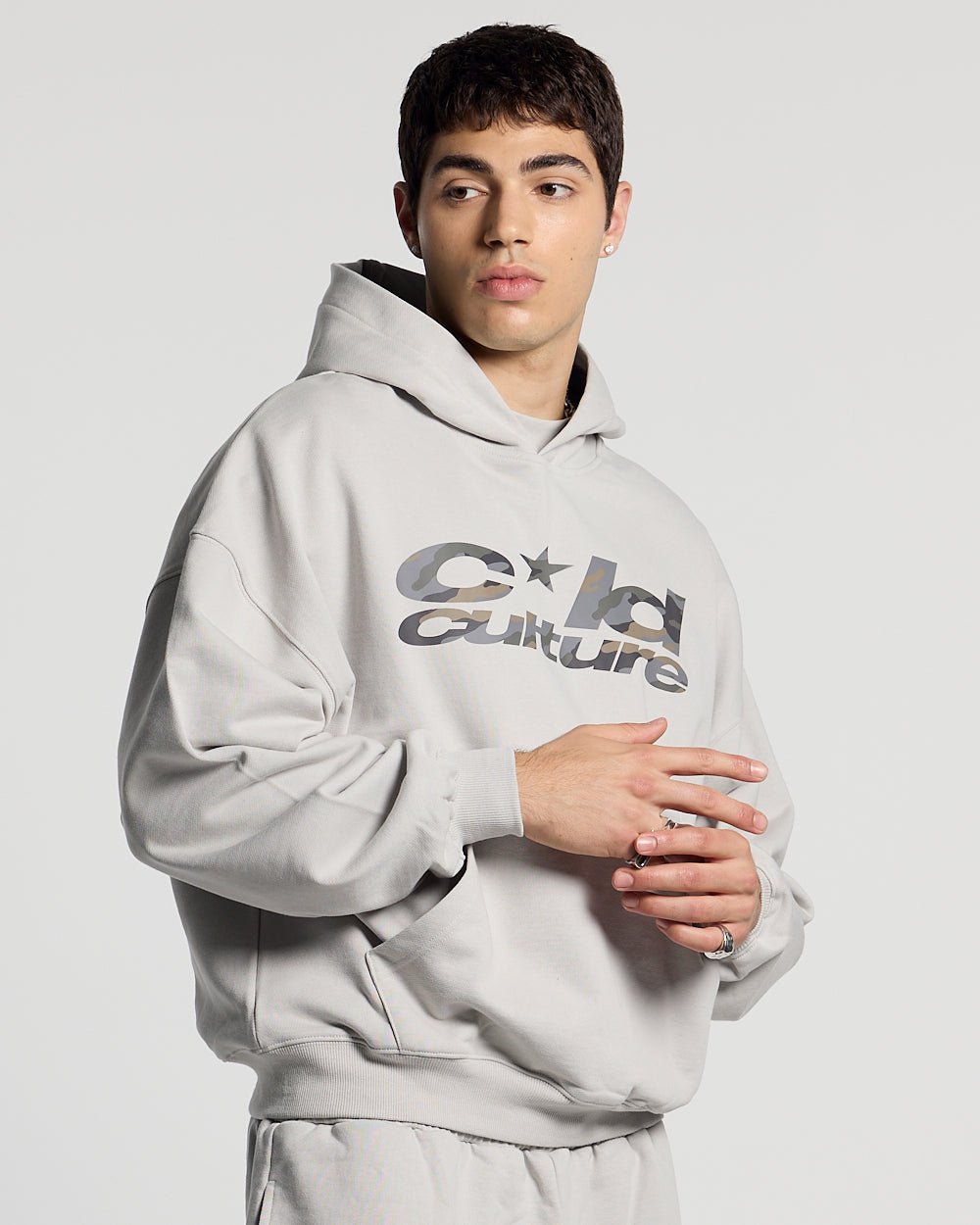 WILD CAMO HOODIE LIGHT GREY - light grey graphic print hoodie, front view on male model - Cold Culture #man