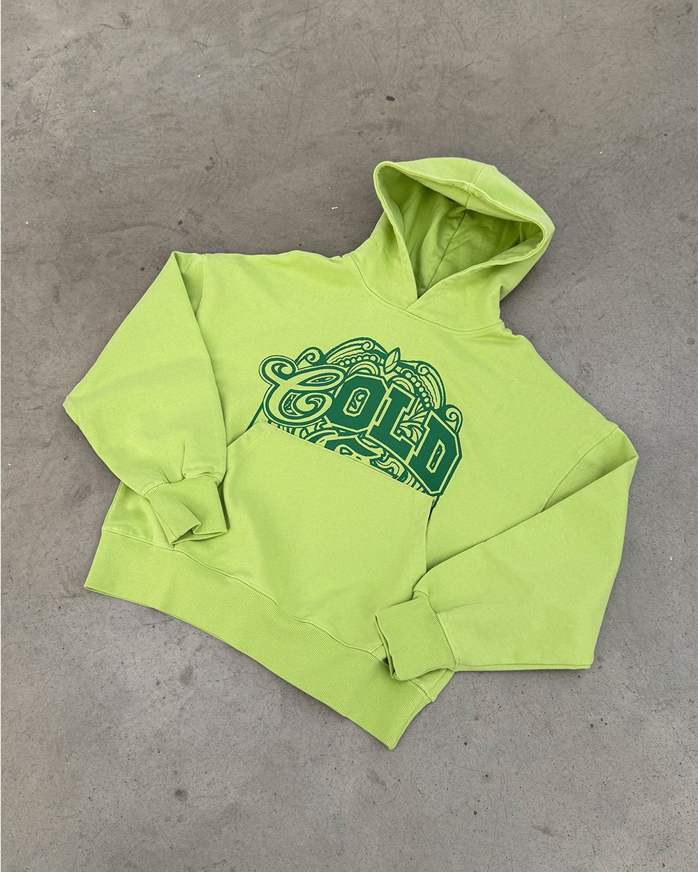 WILD HOODIE GREEN - lime green graphic print hoodie, flat lay - Cold Culture