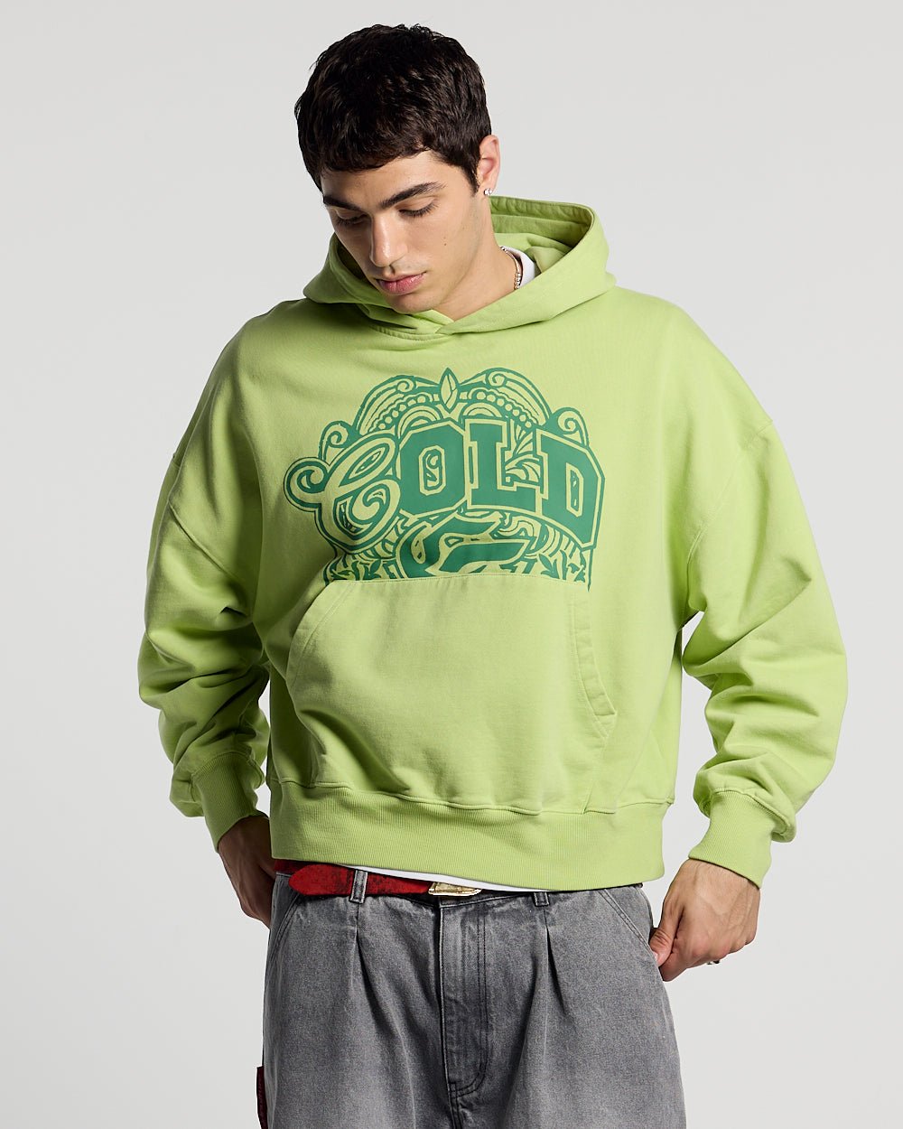 WILD HOODIE GREEN - lime green graphic print hoodie, front view on male model - Cold Culture #man