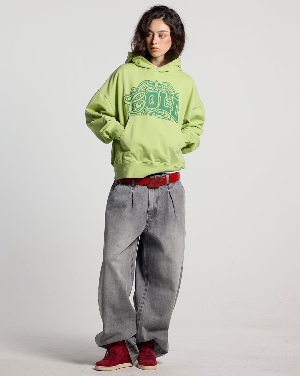 WILD HOODIE GREEN - lime green graphic print hoodie, front view on female model - Cold Culture #woman