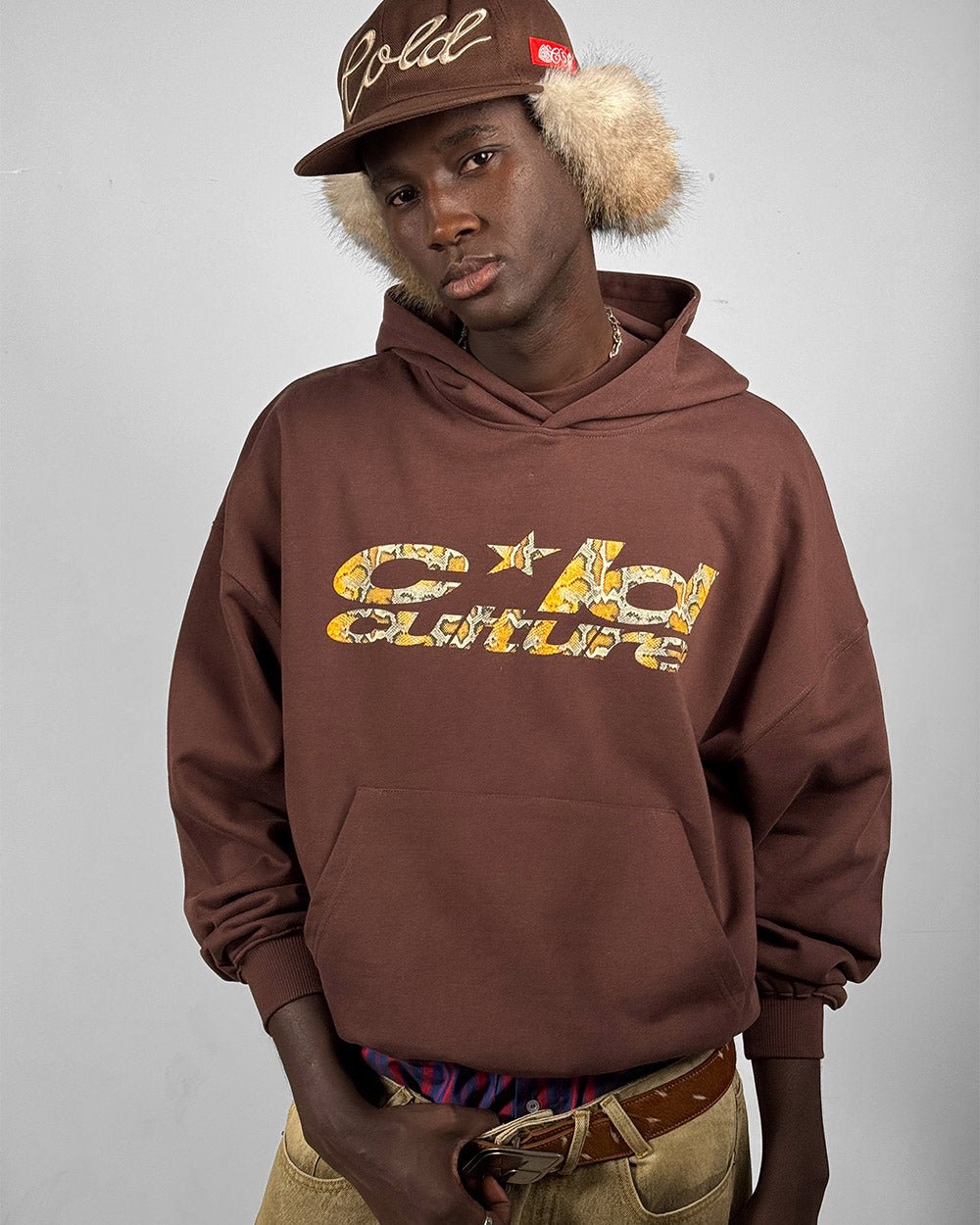 WILD SNAKE HOODIE BROWN - brown graphic print hoodie, front view on male model - Cold Culture #man