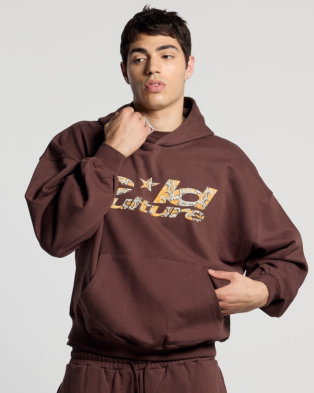 WILD SNAKE HOODIE BROWN - brown graphic print hoodie, front view on male model - Cold Culture #man