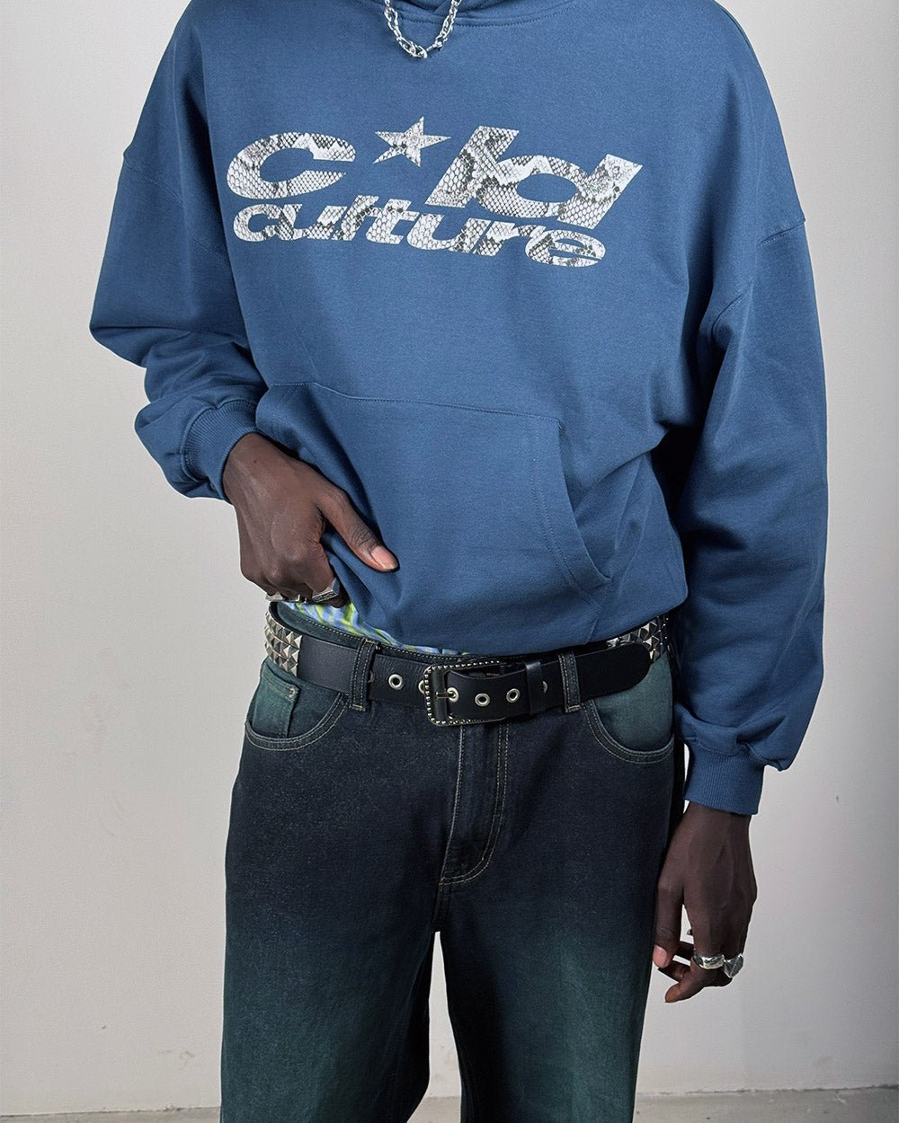 WILD SNAKE HOODIE NAVY BLUE - navy blue graphic print hoodie, front view on male model - Cold Culture