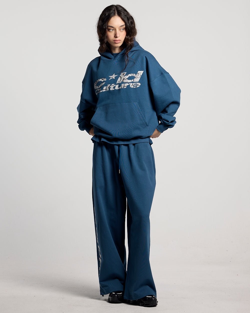 WILD SNAKE HOODIE NAVY BLUE - navy blue graphic print hoodie, front view on female model - Cold Culture #woman