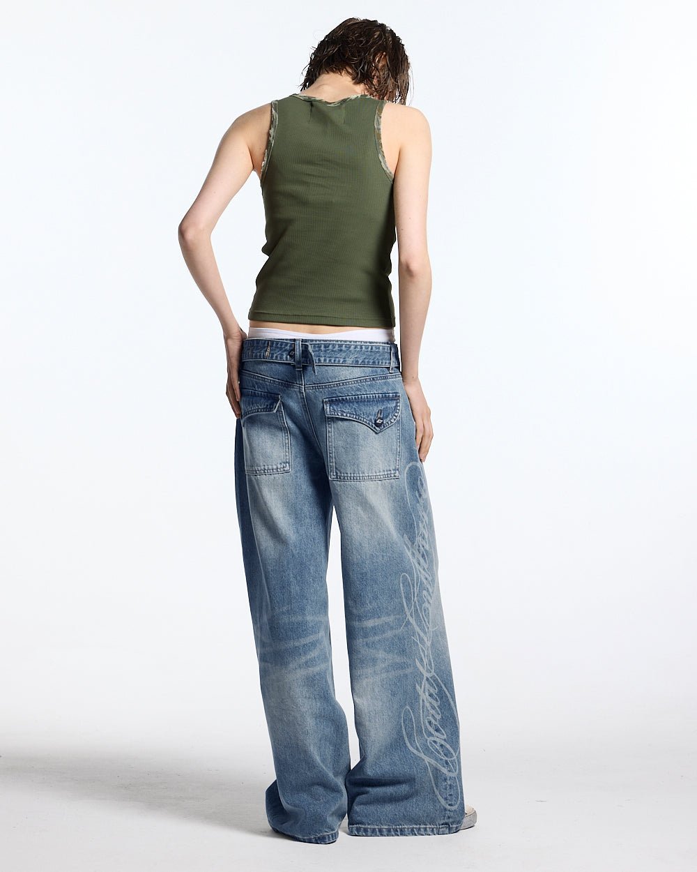WILD TANK TOP GREEN - green camo trim tank top, back view on female model - Cold Culture #woman
