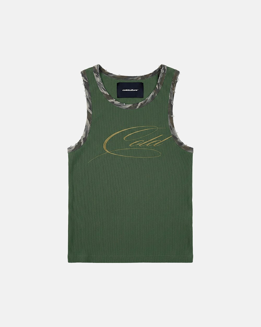 WILD TANK TOP GREEN - green camo trim tank top, front view - Cold Culture #packshot