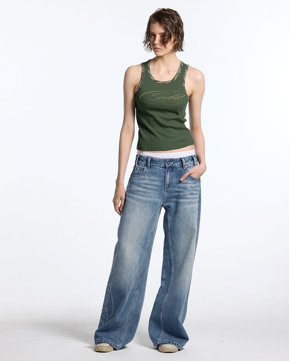 WILD TANK TOP GREEN - green camo trim tank top, front view on female model - Cold Culture #woman