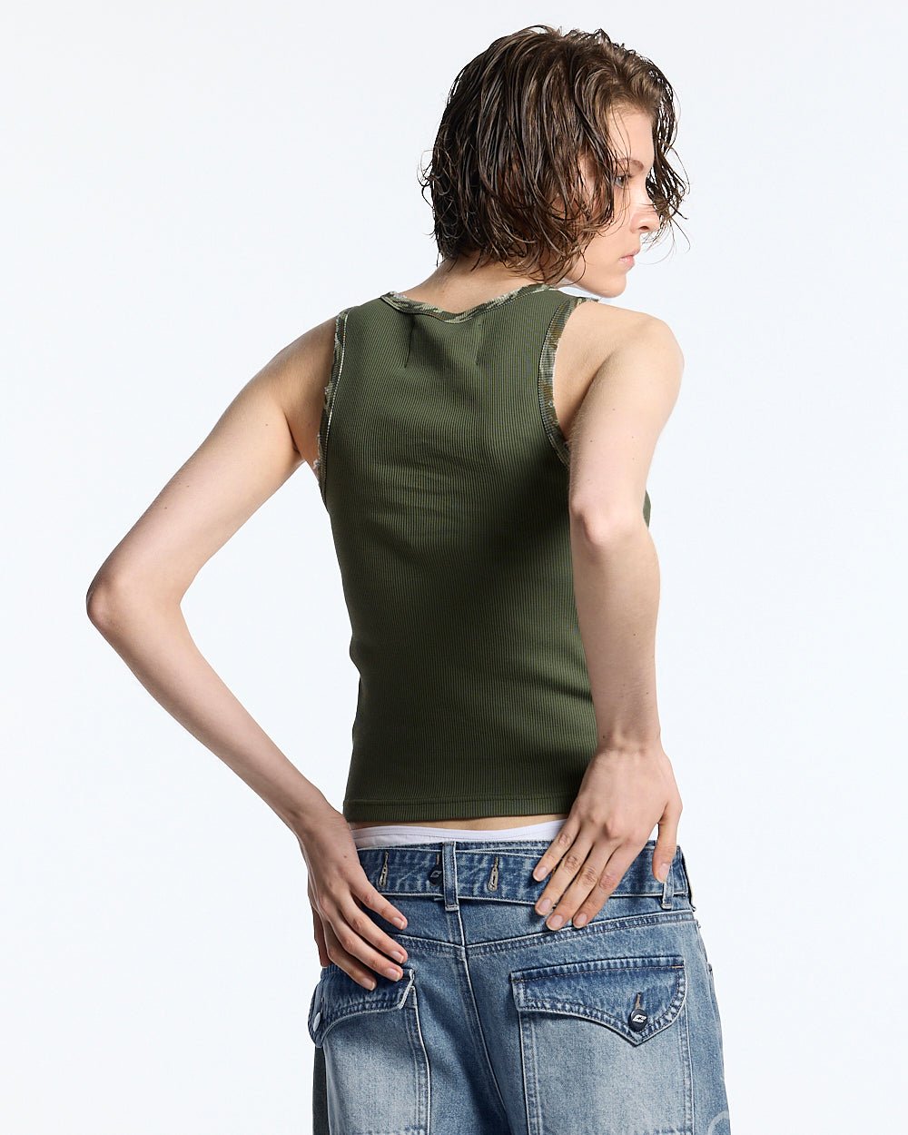 WILD TANK TOP GREEN - green camo trim tank top, back view on female model - Cold Culture #woman