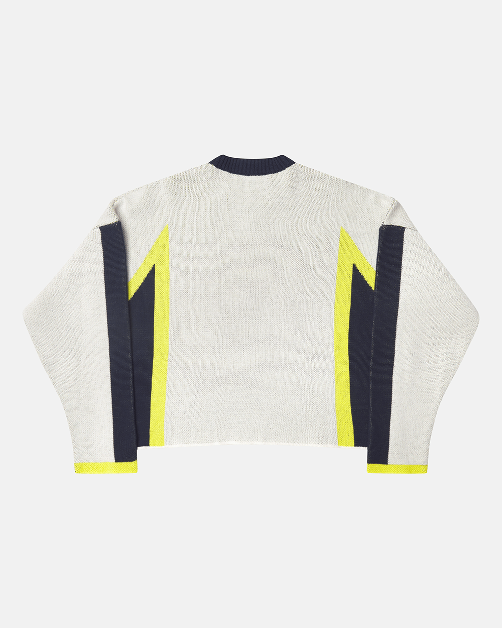 WINNER KNIT BEIGE, DARK BLUE & YELLOW - beige and navy knit sweater, back view - Cold Culture #packshot