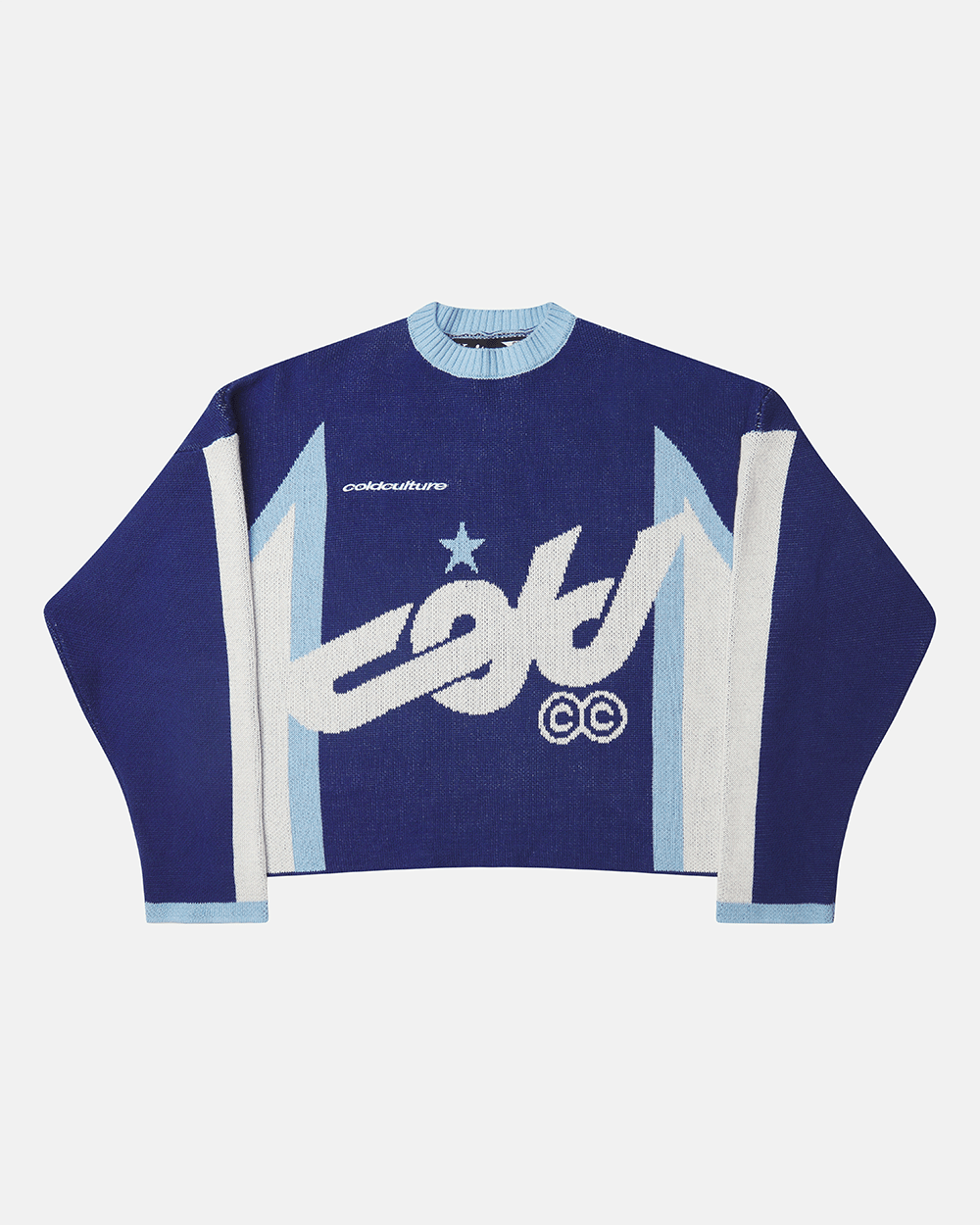 WINNER KNIT BLUE - blue and white knit sweater, front view - Cold Culture #packshot