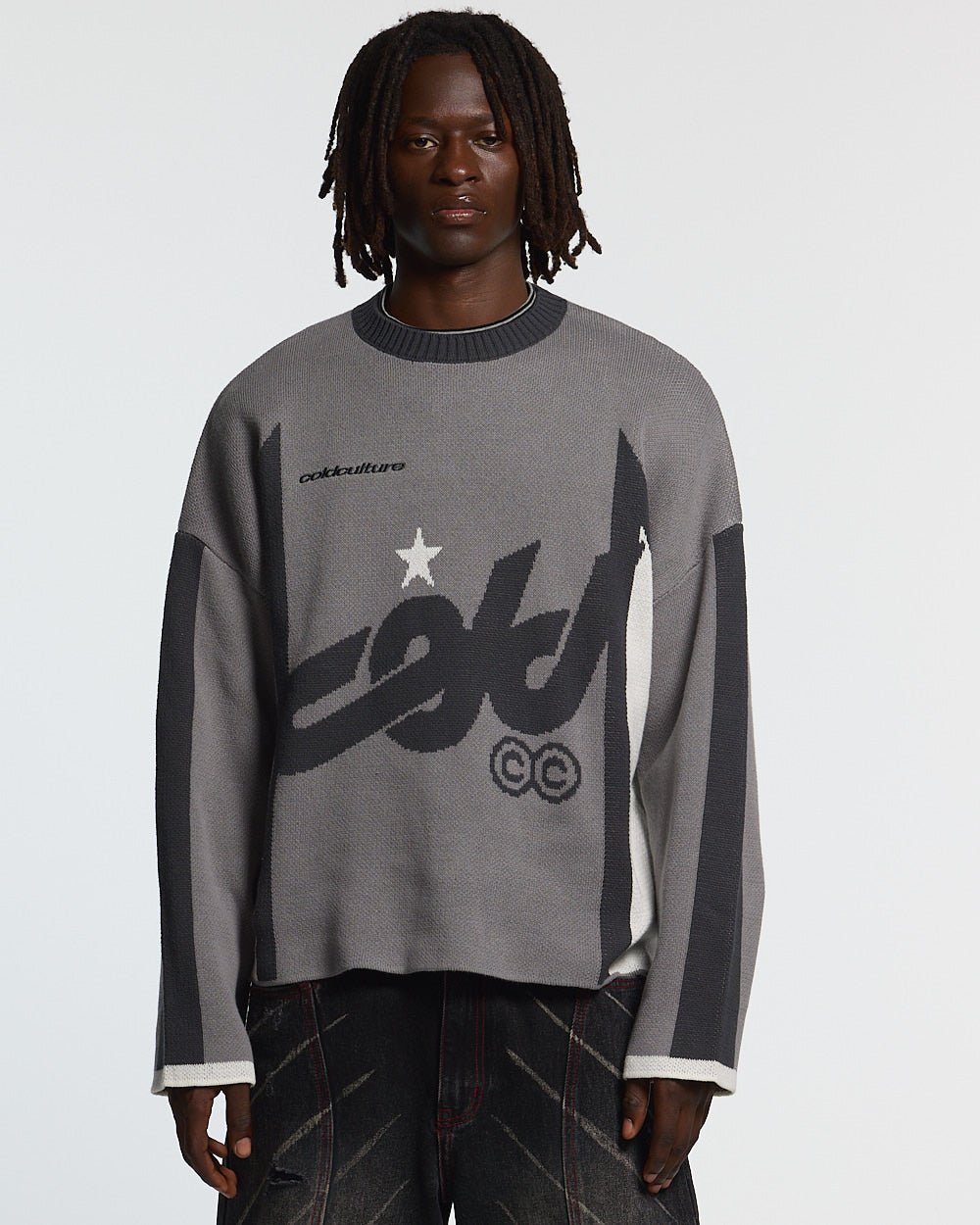 WINNER KNIT GREY, BLACK AND WHITE - grey and black knit sweater, front view on male model - Cold Culture #man