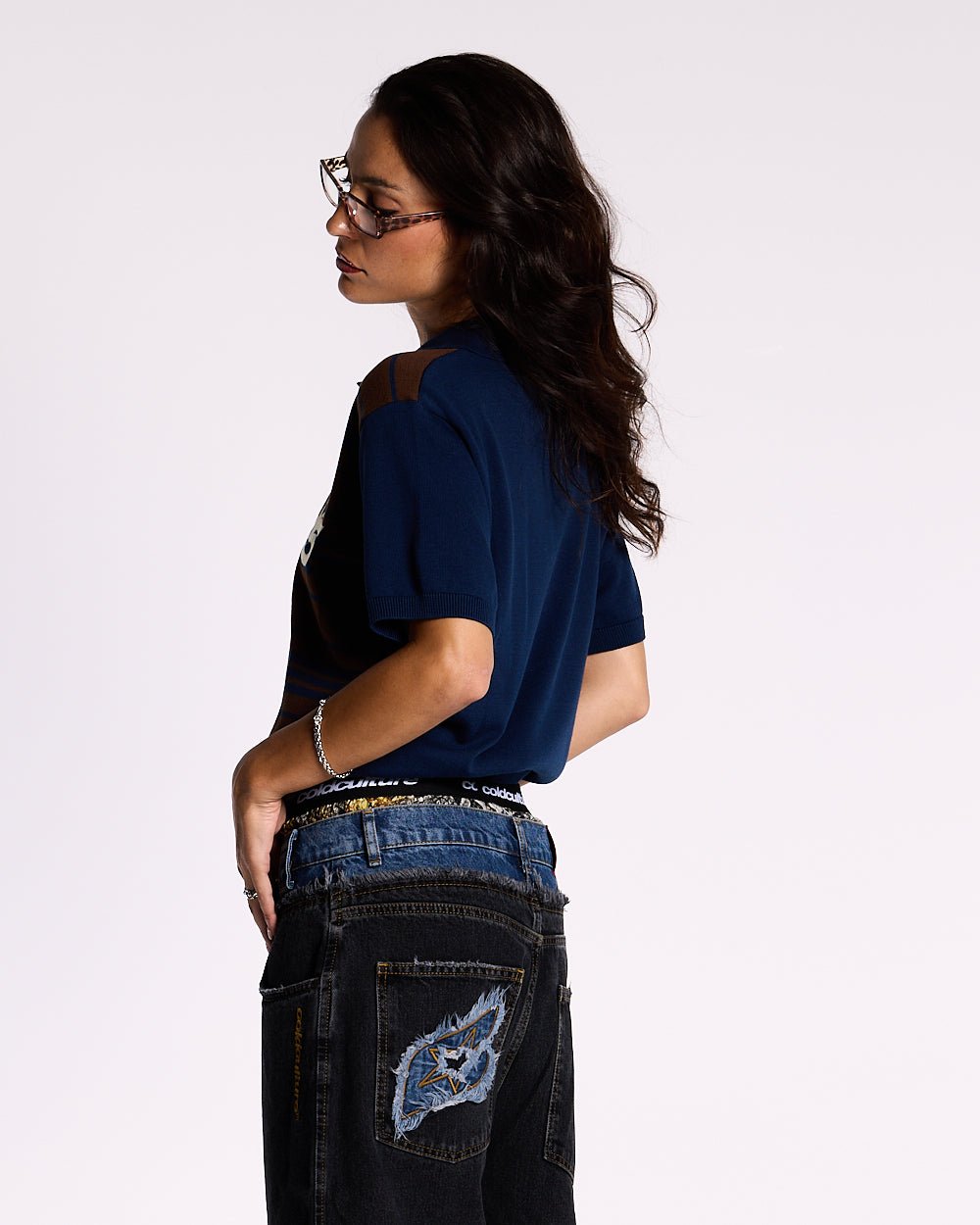 WINNERS V5 POLO BROWN AND BLUE - brown and blue striped knitted polo, side view - Cold Culture #woman