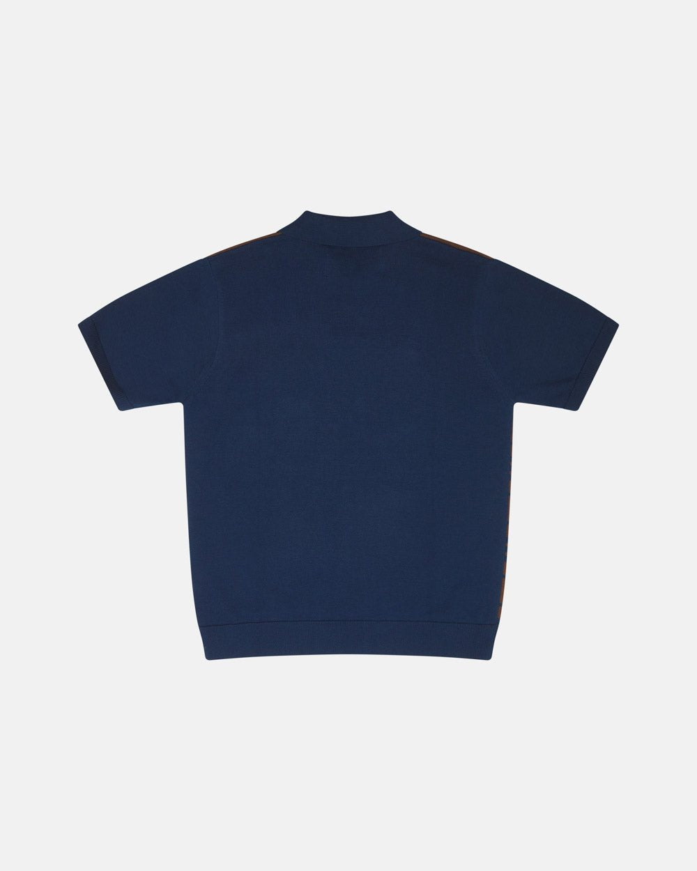 WINNERS V5 POLO BROWN AND BLUE - brown and blue striped knitted polo, back view - Cold Culture #packshot