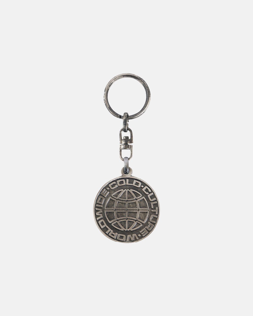 WORLD LOGO METAL KEYCHAIN - silver metal logo keychain, front view - Cold Culture #packshot