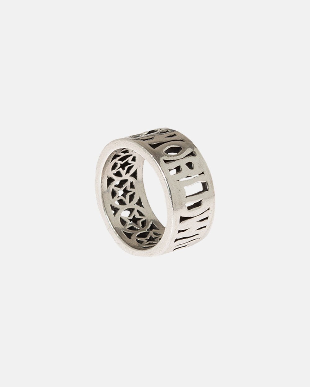 WORLDWIDE RING - silver cut-out lettering ring, side view - Cold Culture #packshot