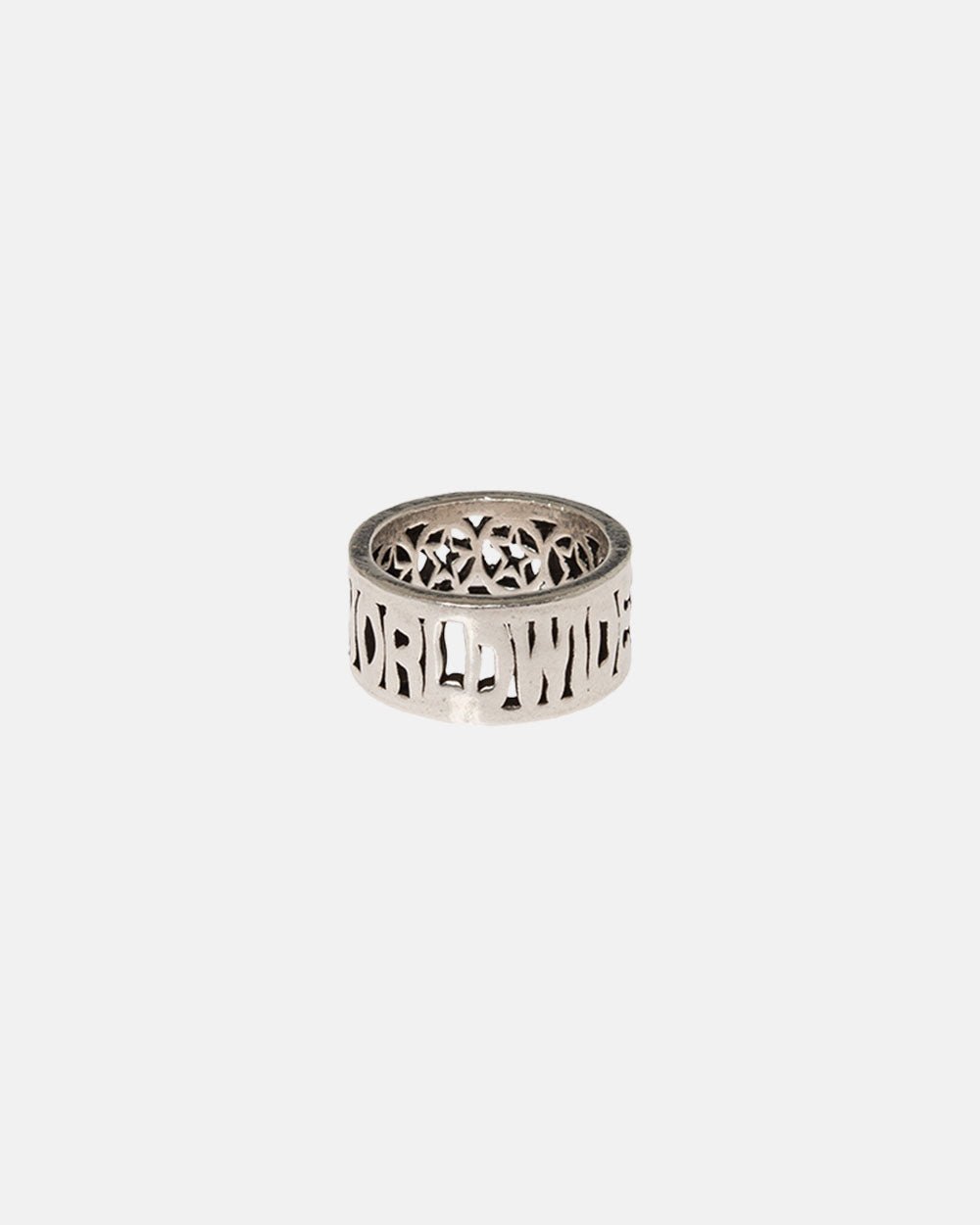 WORLDWIDE RING - silver cut-out lettering ring, front view - Cold Culture #packshot