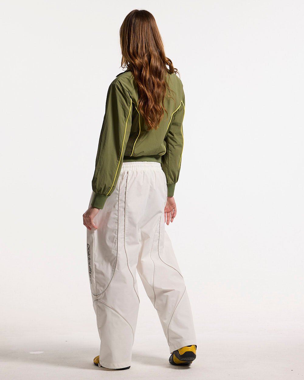 WW CLUB JACKET GREEN - olive green track jacket, back view on female model - Cold Culture #woman