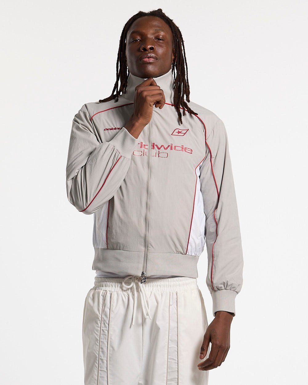 WW CLUB JACKET GREY - grey track jacket, front view on male model - Cold Culture #man