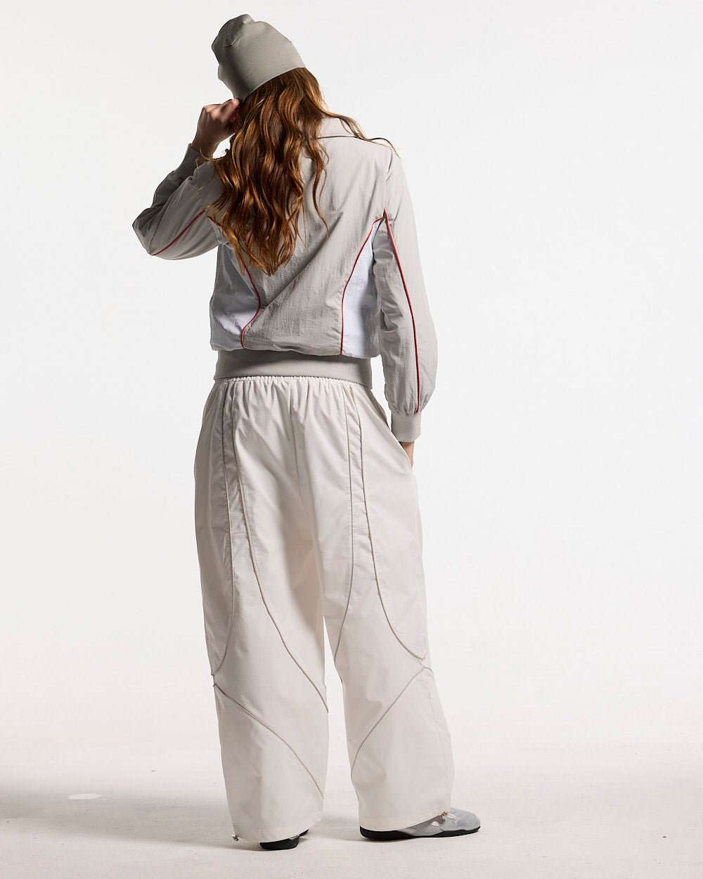 WW CLUB JACKET GREY - grey track jacket, back view on female model - Cold Culture #woman