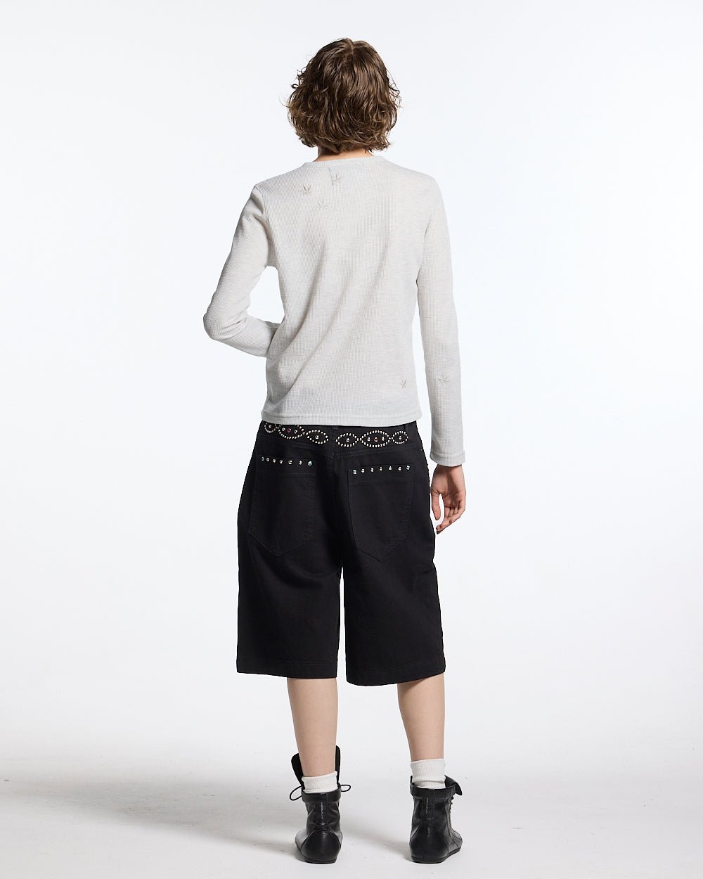 YESTERDAY LONGSLEEVE OFF WHITE - off-white waffle knit longsleeve tee, back view on female model - Cold Culture #woman