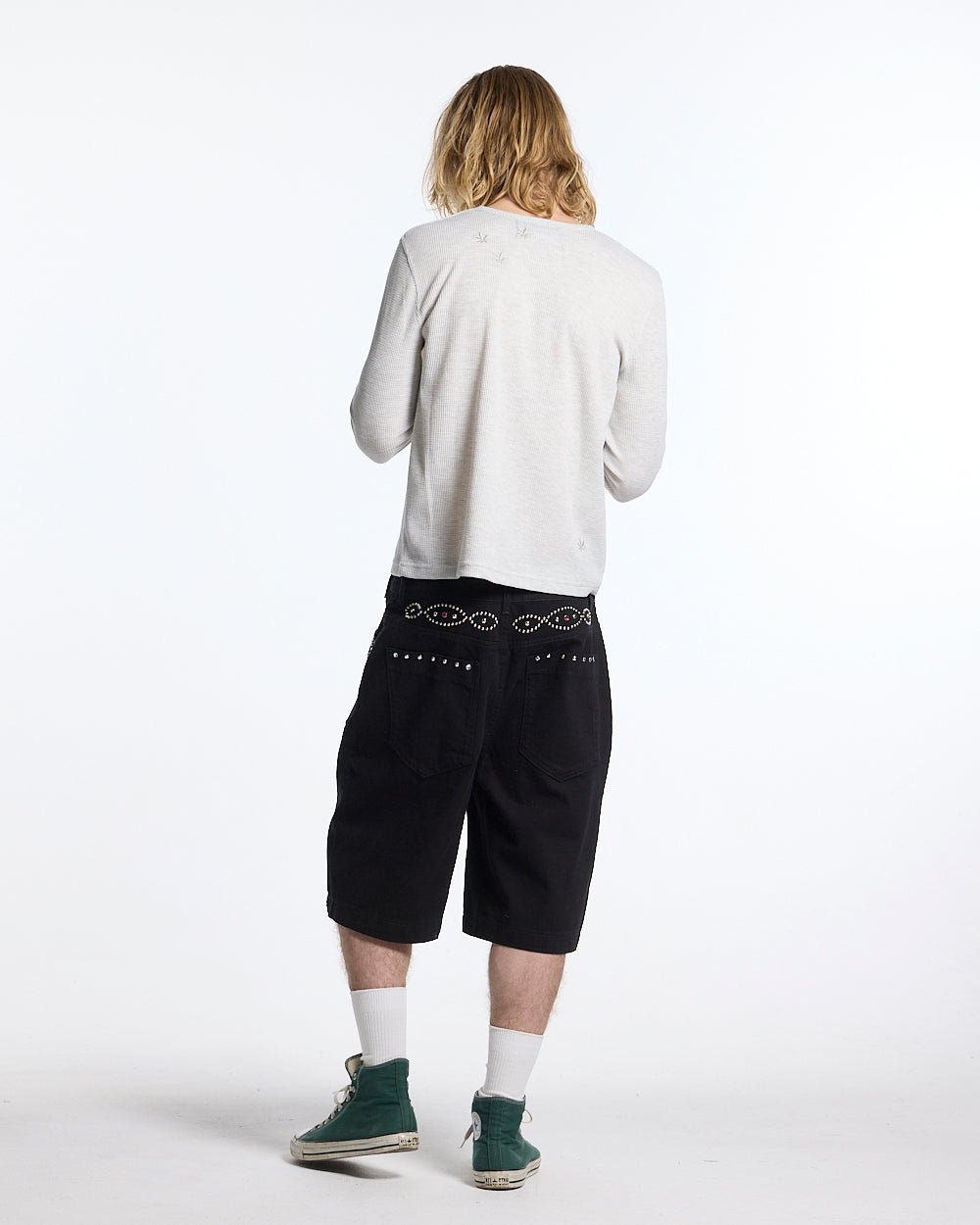 YESTERDAY LONGSLEEVE OFF WHITE - off-white waffle knit longsleeve tee, back view on male model - Cold Culture #man
