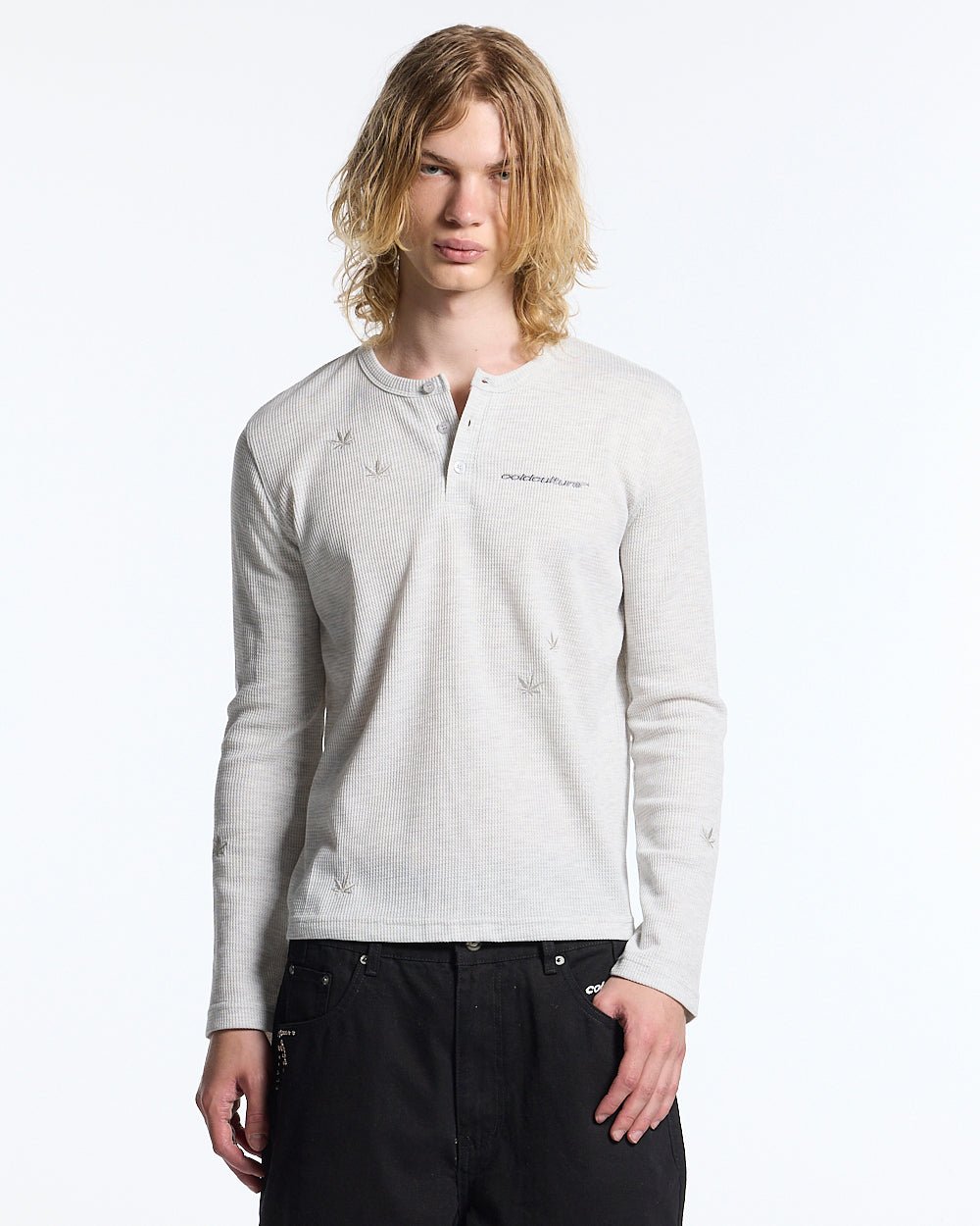 YESTERDAY LONGSLEEVE OFF WHITE - off-white waffle knit longsleeve tee, front view on male model - Cold Culture #man