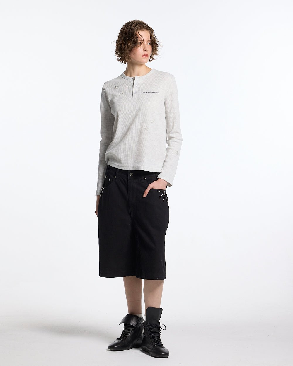 YESTERDAY LONGSLEEVE OFF WHITE - off-white waffle knit longsleeve tee, front view on female model - Cold Culture #woman