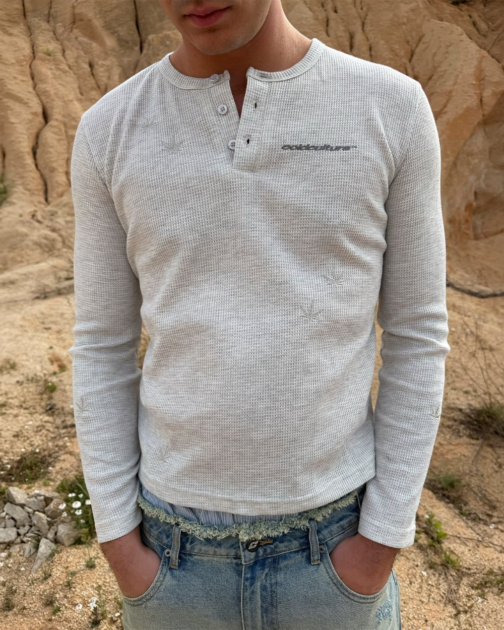 YESTERDAY LONGSLEEVE OFF WHITE - off-white waffle knit longsleeve tee, worn detail - Cold Culture