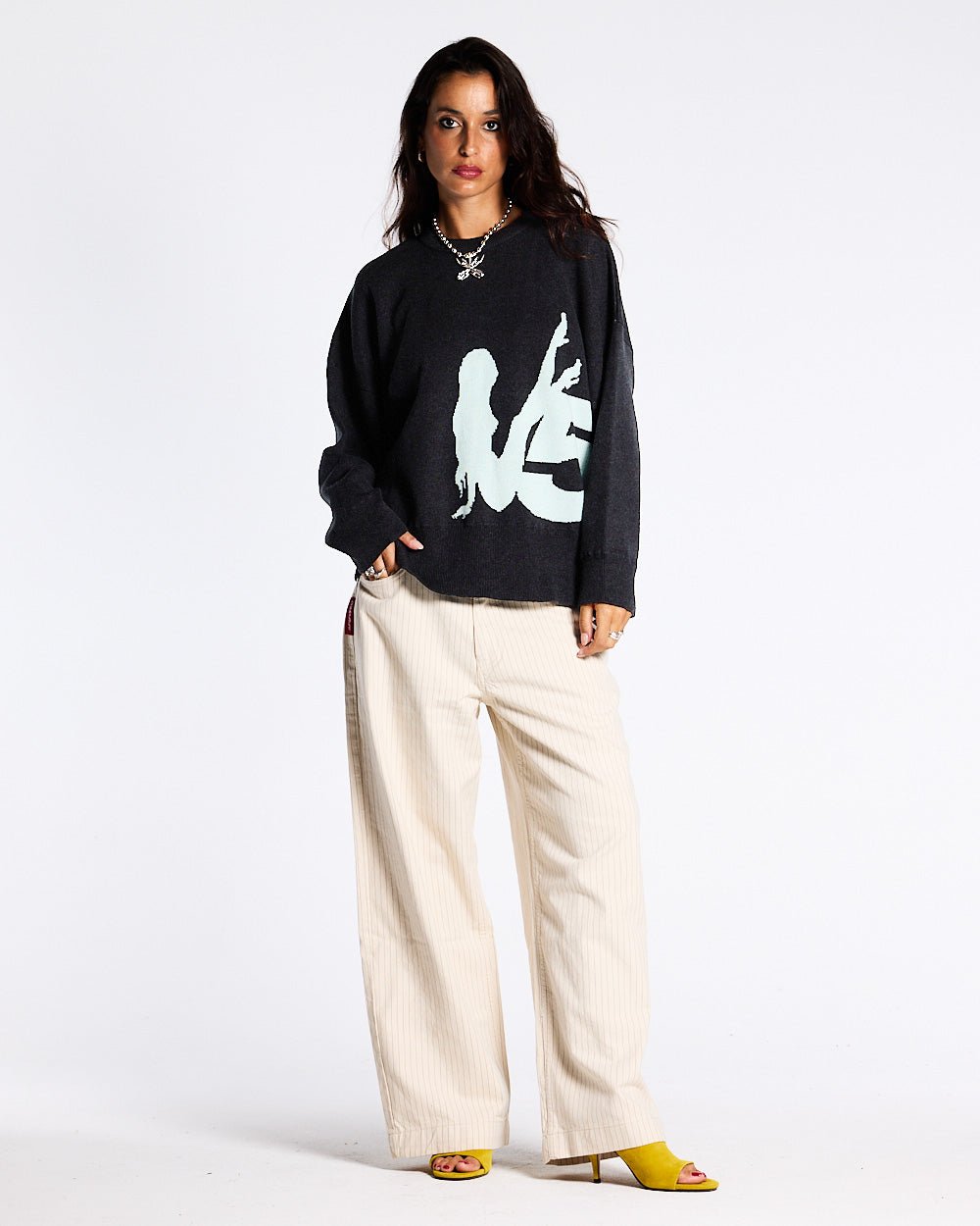 YURE KNIT DARK GREY - dark grey graphic knit sweater, front view on female model - Cold Culture #woman