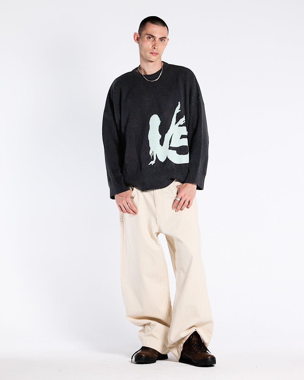 YURE KNIT DARK GREY - dark grey graphic knit sweater, front view on male model - Cold Culture #man
