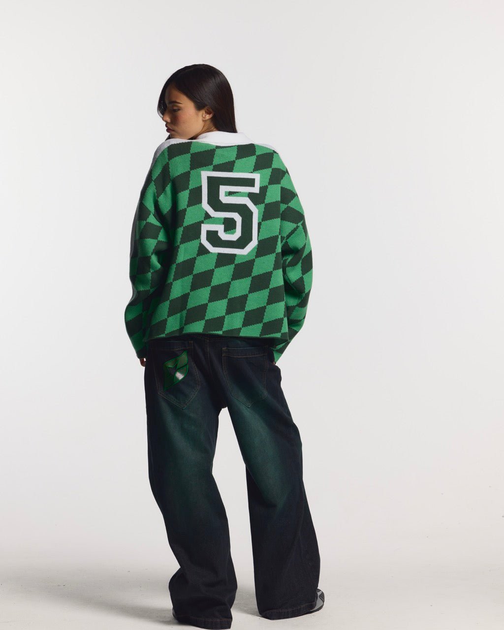 ZAGREB KNIT GREEN - green checkered knit sweater, back view on female model - Cold Culture #woman
