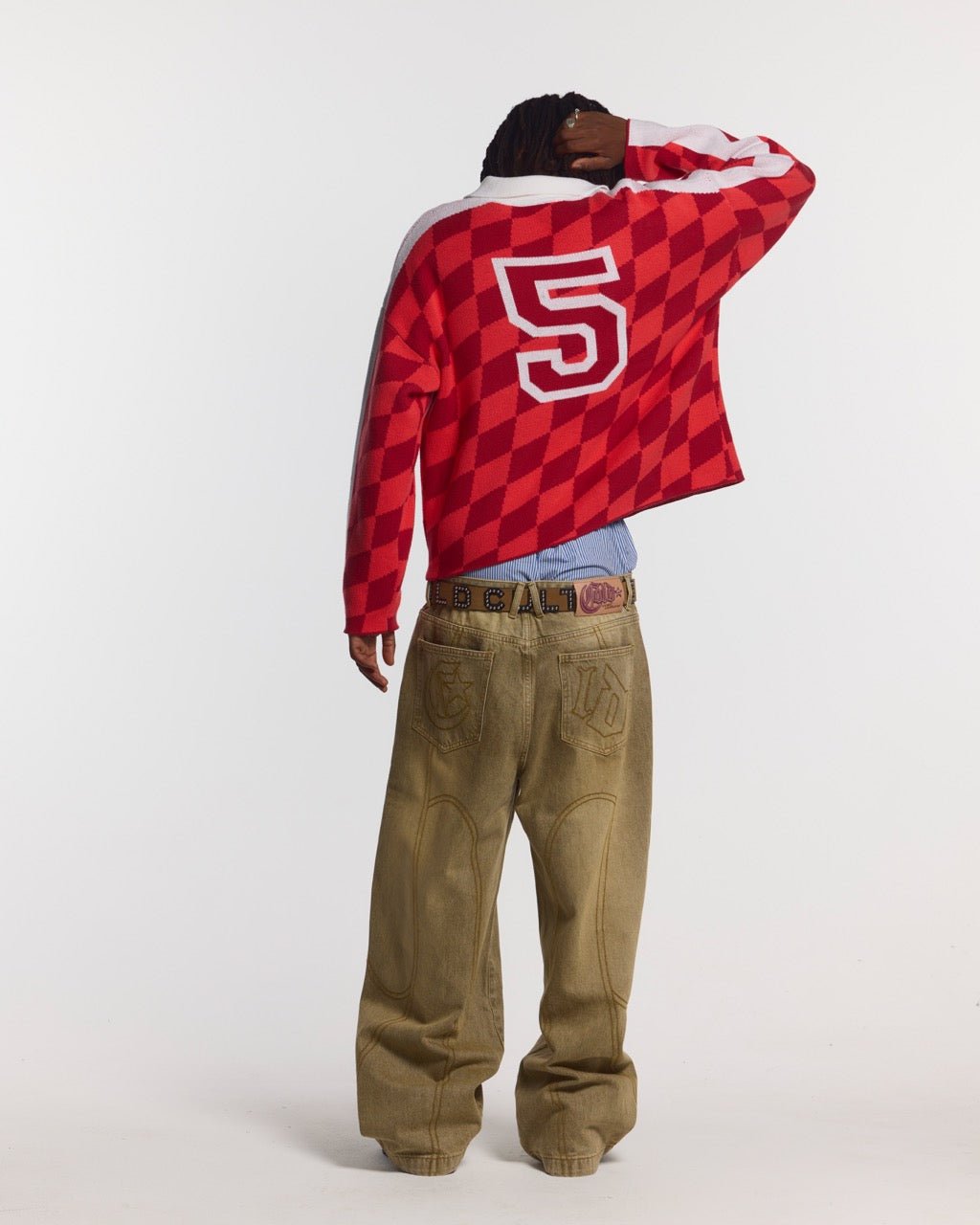 ZAGREB KNIT RED - red checkered knit sweater, back view on male model - Cold Culture #man