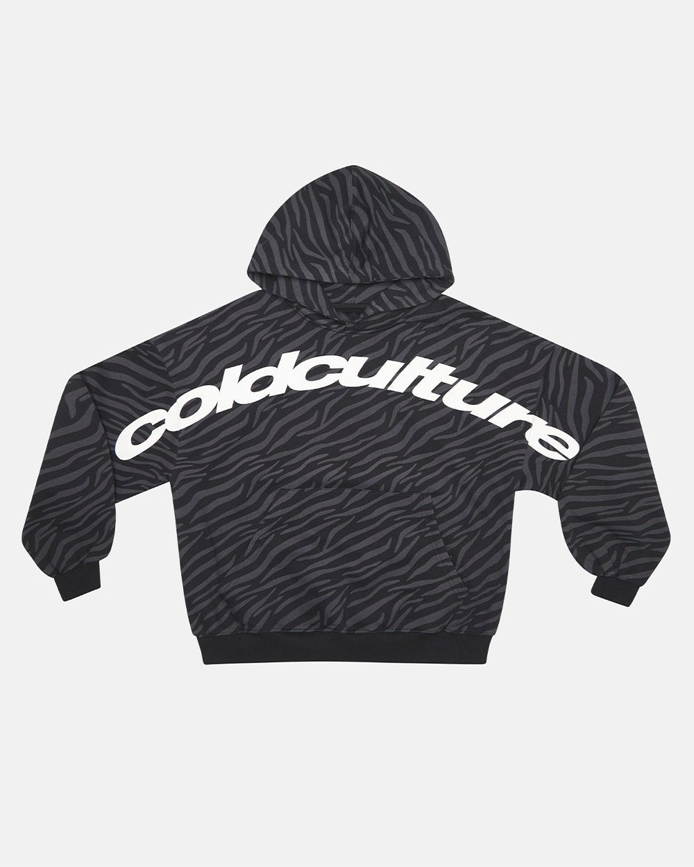 ZEBRA HOODIE BLACK - black zebra print hoodie, front view - Cold Culture #packshot