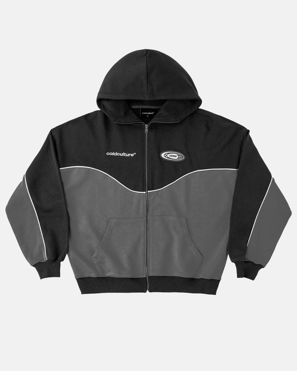NO RISK ZIP HOODIE BLACK - black and grey colorblock zip-up hoodie, front view - Cold Culture #packshot