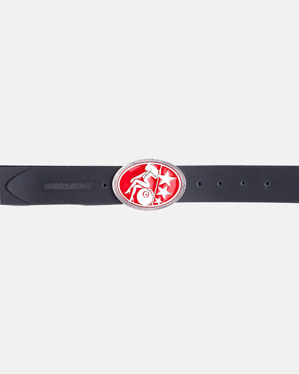 BINGO LEATHER BELT ALPACA - black leather belt with oval buckle, detail close-up - Cold Culture