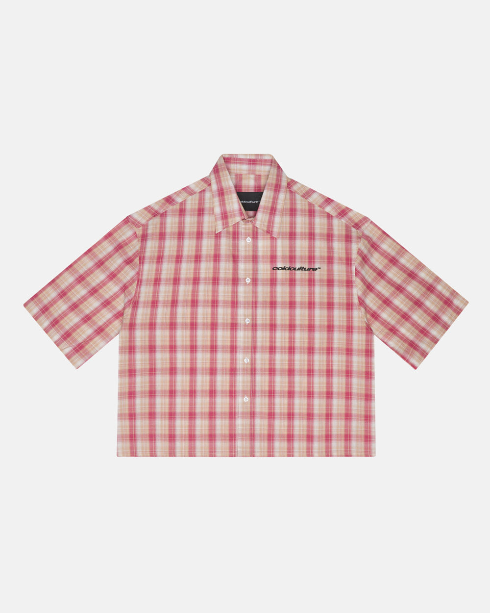 DISTORTED CHECK SHIRT - pink checked short sleeve shirt, front view - Cold Culture #packshot