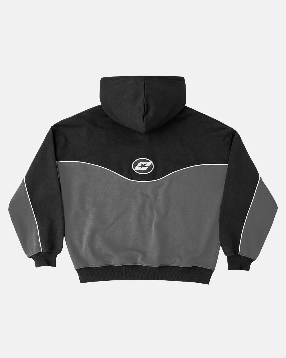 NO RISK ZIP HOODIE BLACK - black and grey colorblock zip-up hoodie, back view - Cold Culture #packshot