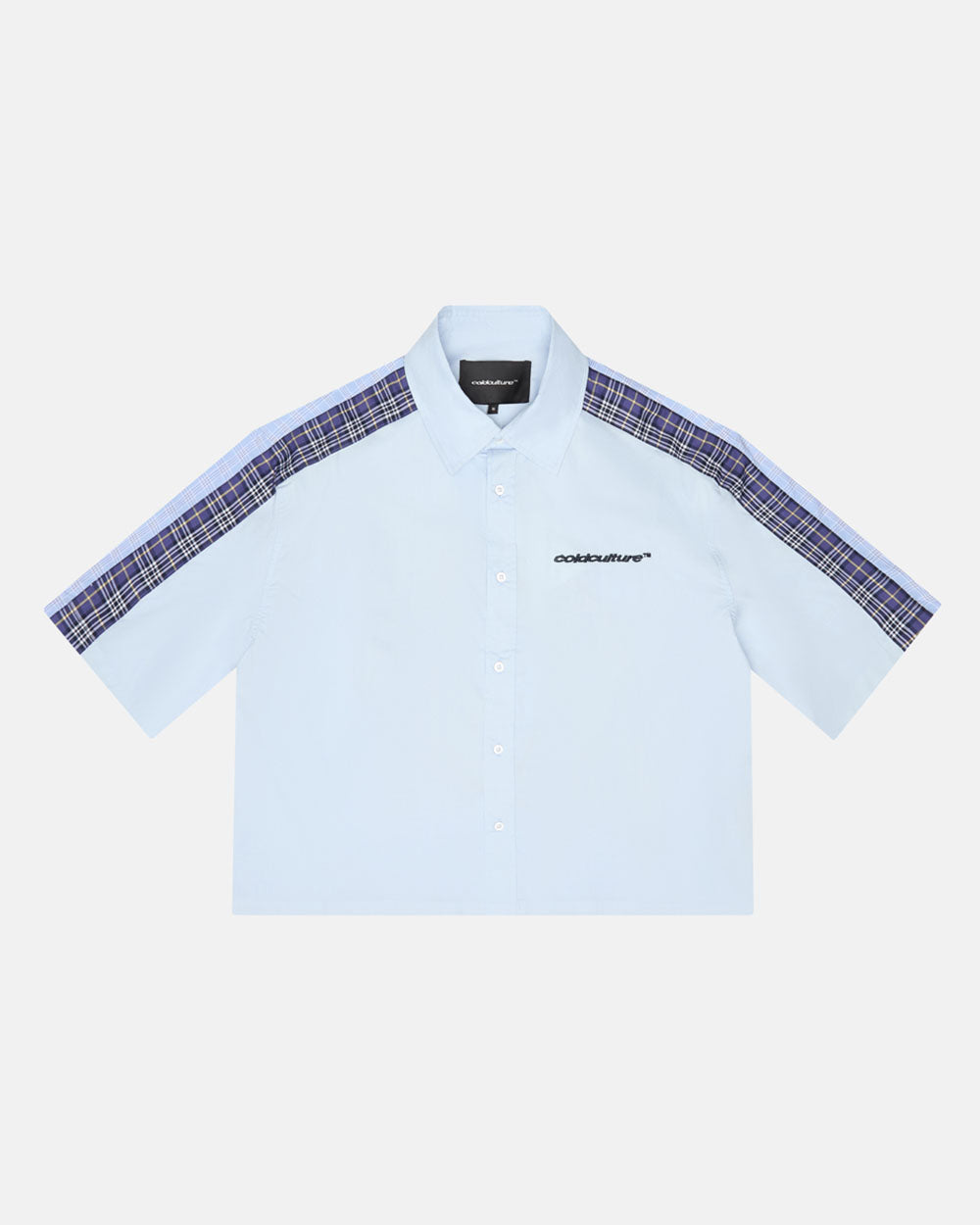 DOUBLE TARTAN SHIRT LIGHT BLUE - light blue plaid short sleeve shirt, front view - Cold Culture #packshot