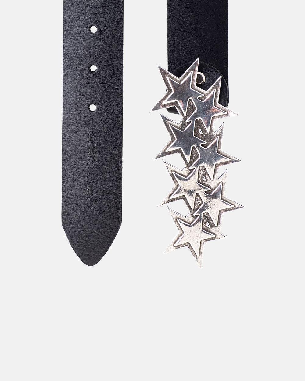 STARS LEATHER BELT BLACK - black leather star buckle belt, detail close-up - Cold Culture