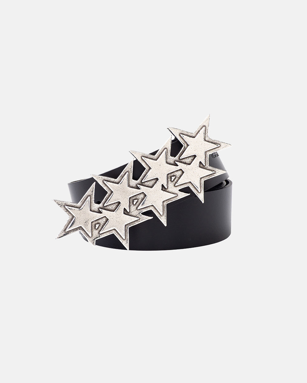 STARS LEATHER BELT BLACK - black leather star buckle belt, front view - Cold Culture #packshot