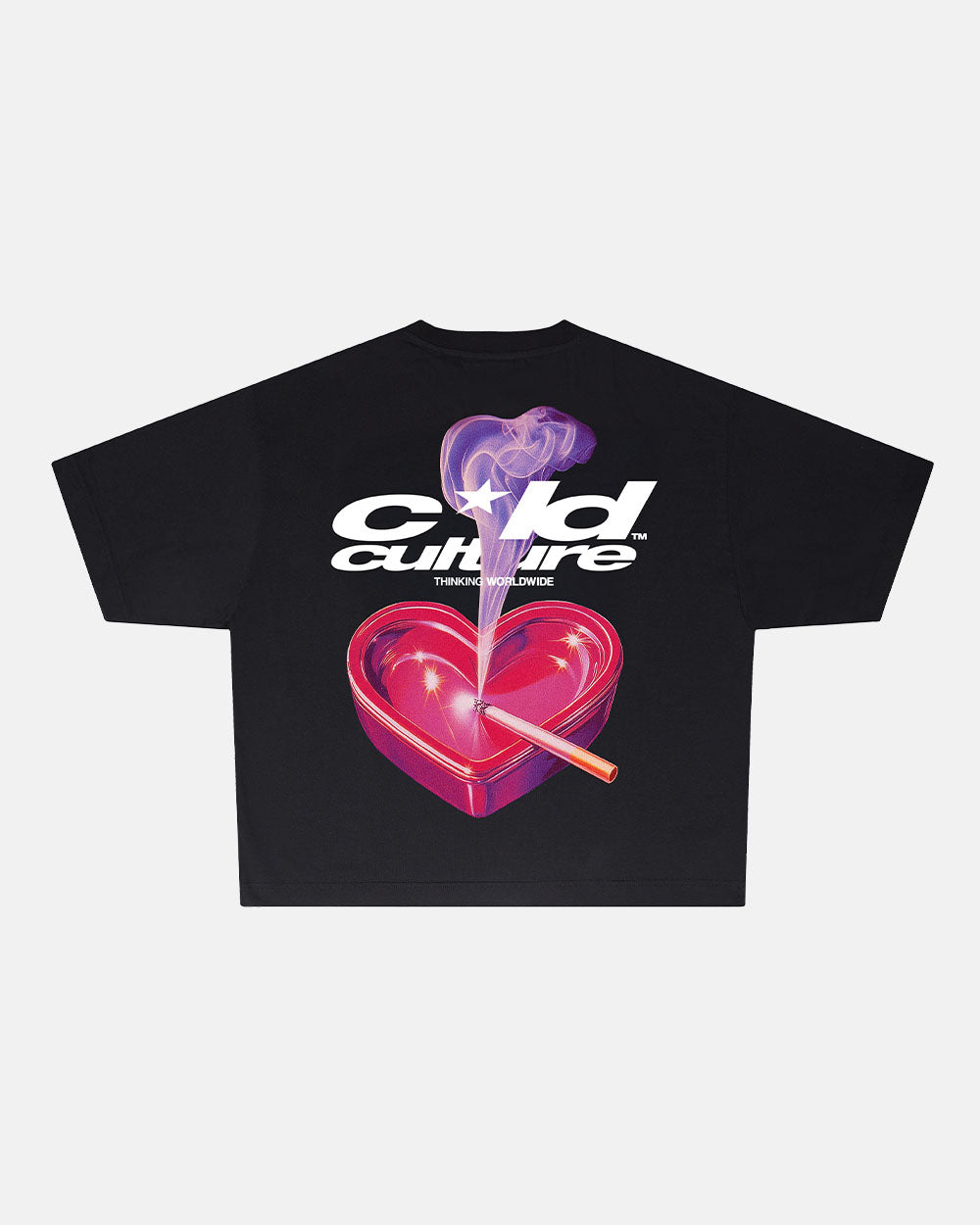 HEART ASHTRAY TEE BLACK - black graphic print tee, back view - Cold Culture #packshot
