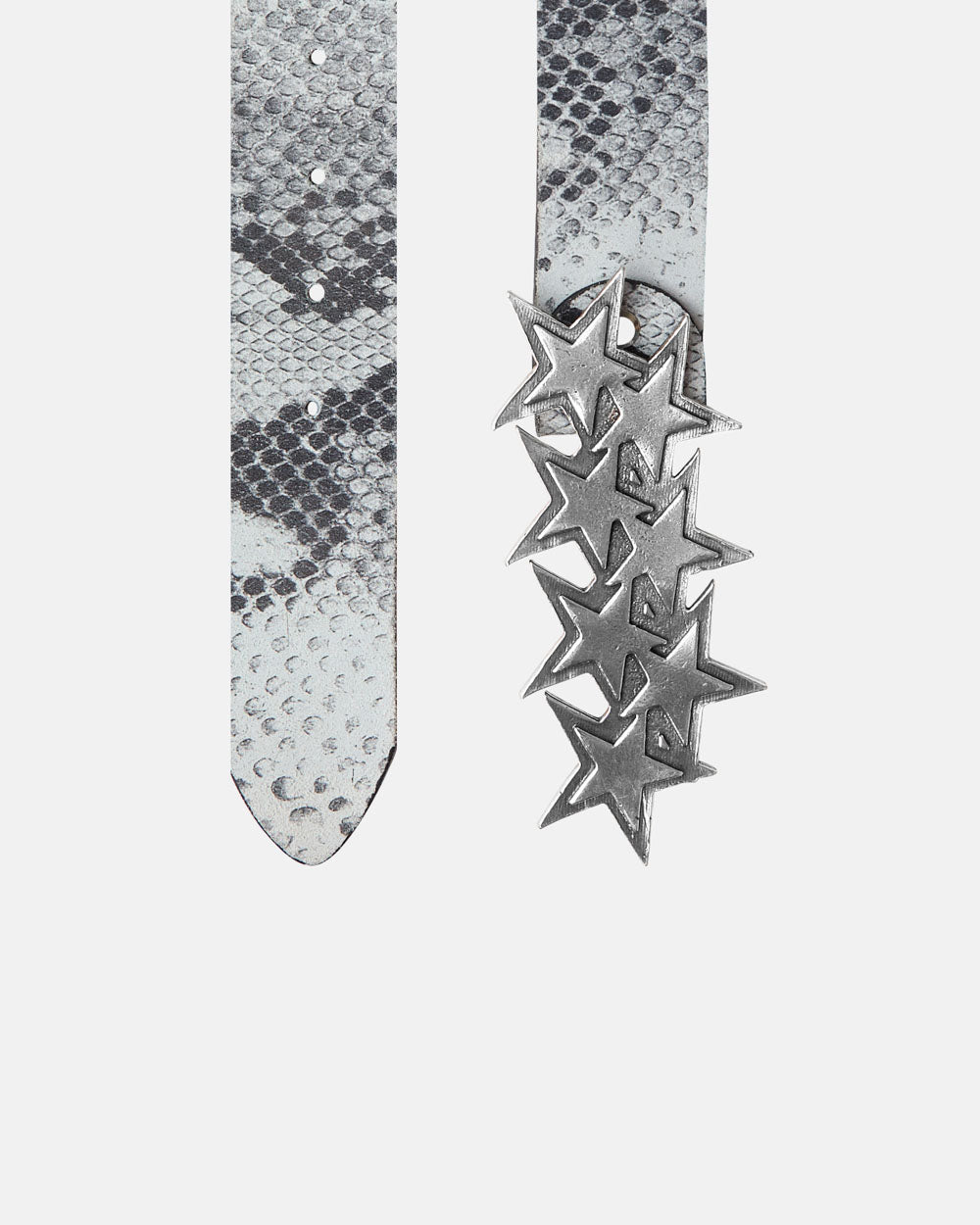 STARS LEATHER BELT BLACK SNAKE - grey snake print leather belt, detail close-up - Cold Culture