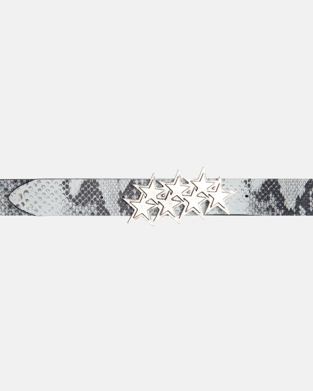 STARS LEATHER BELT BLACK SNAKE - grey snake print leather belt, detail close-up - Cold Culture