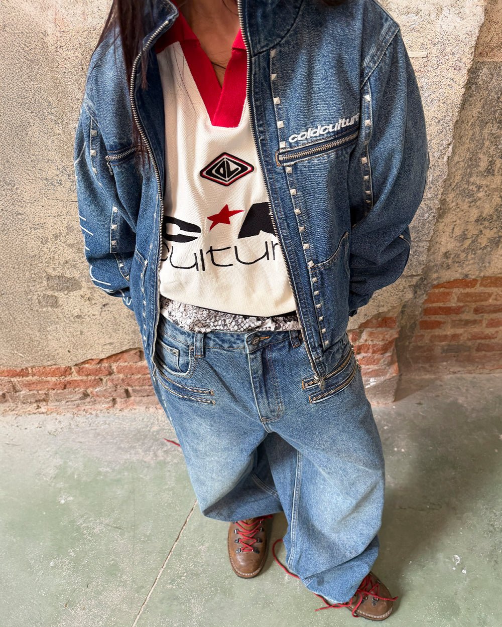 2010 DENIM JACKET BLUE DENIM - blue studded denim jacket, street style shot - Cold Culture