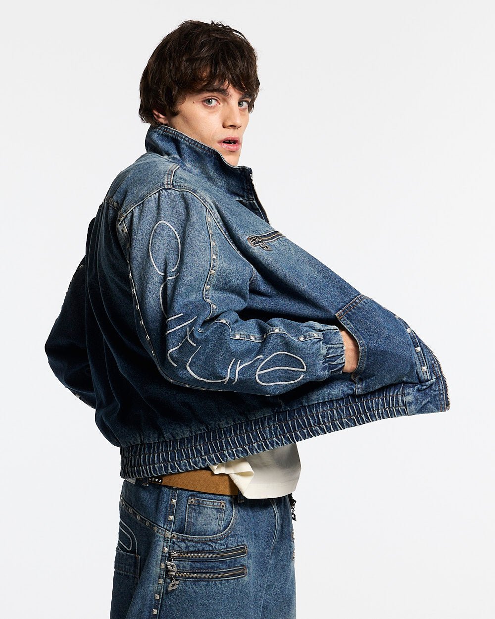 2010 DENIM JACKET BLUE DENIM - blue studded denim jacket, front view on male model - Cold Culture #man