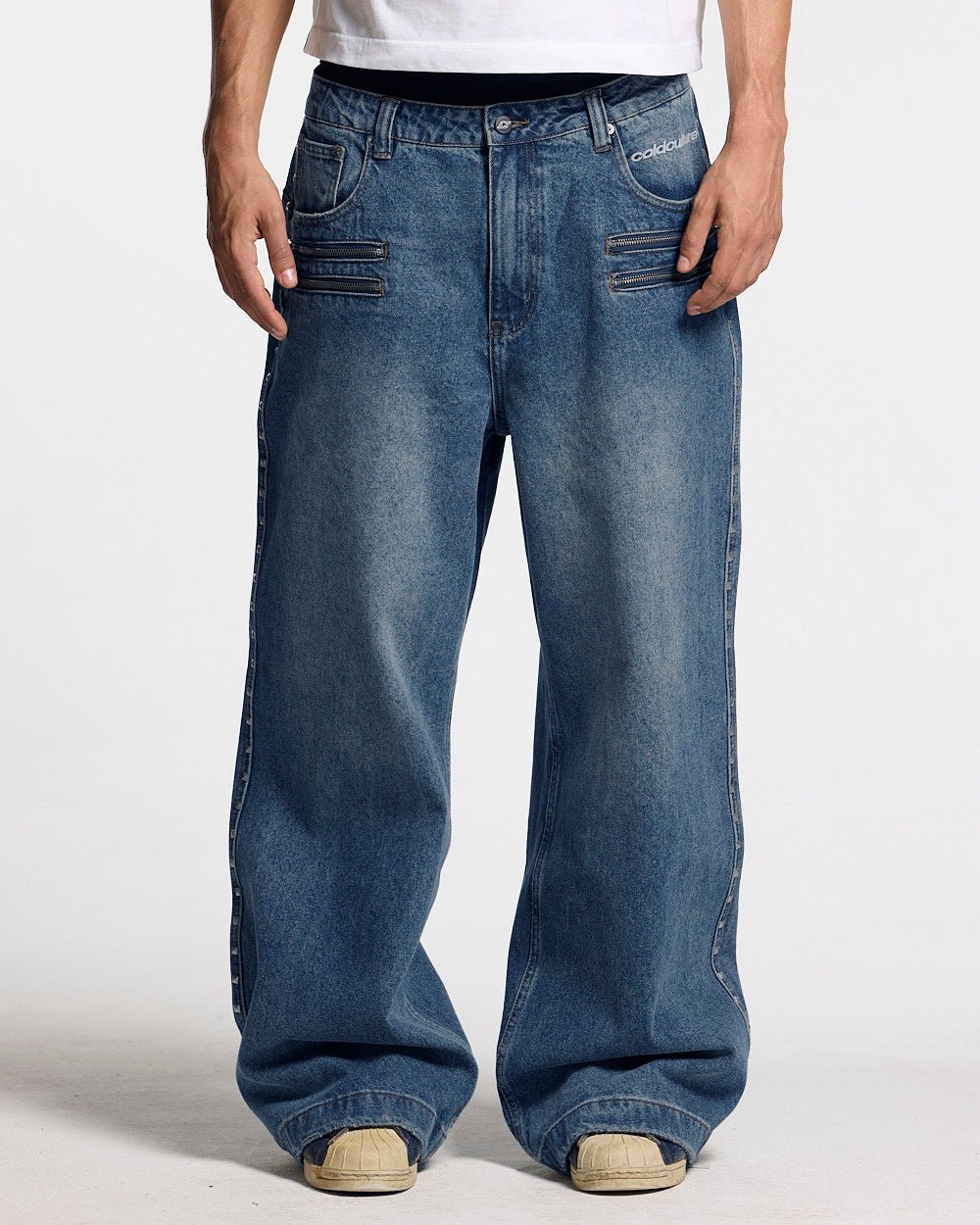 2010 DENIM PANTS BLUE DENIM - blue washed baggy jeans, front view on male model - Cold Culture