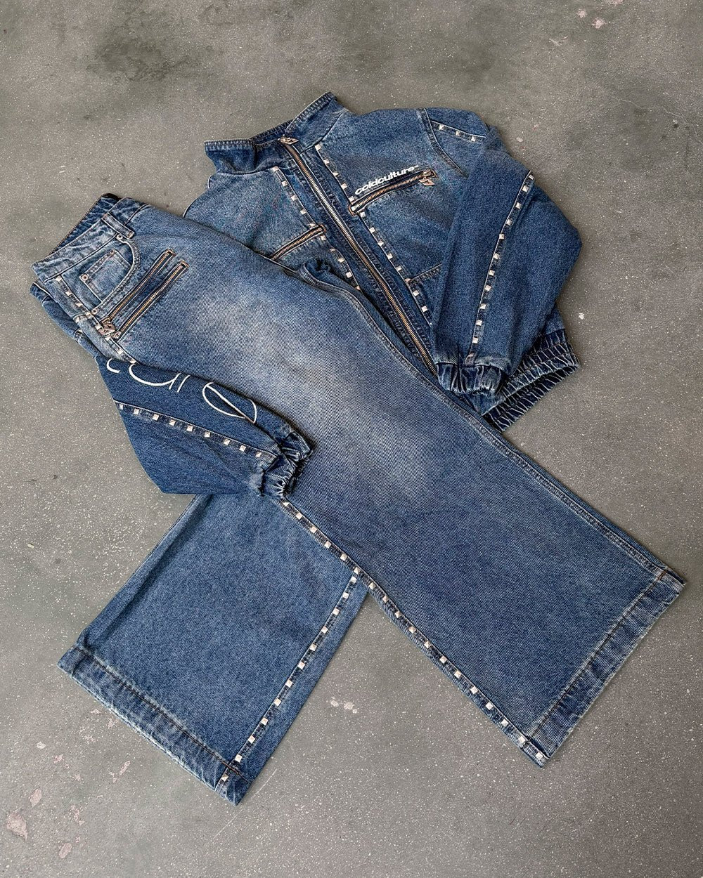 2010 DENIM PANTS BLUE DENIM - blue washed baggy jeans, flat lay with matching pieces - Cold Culture